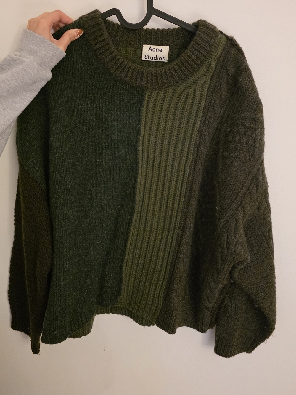 Acne Studios Vertical Stripe Green/Olive Patchwork Rib & Cable Knit Sweater